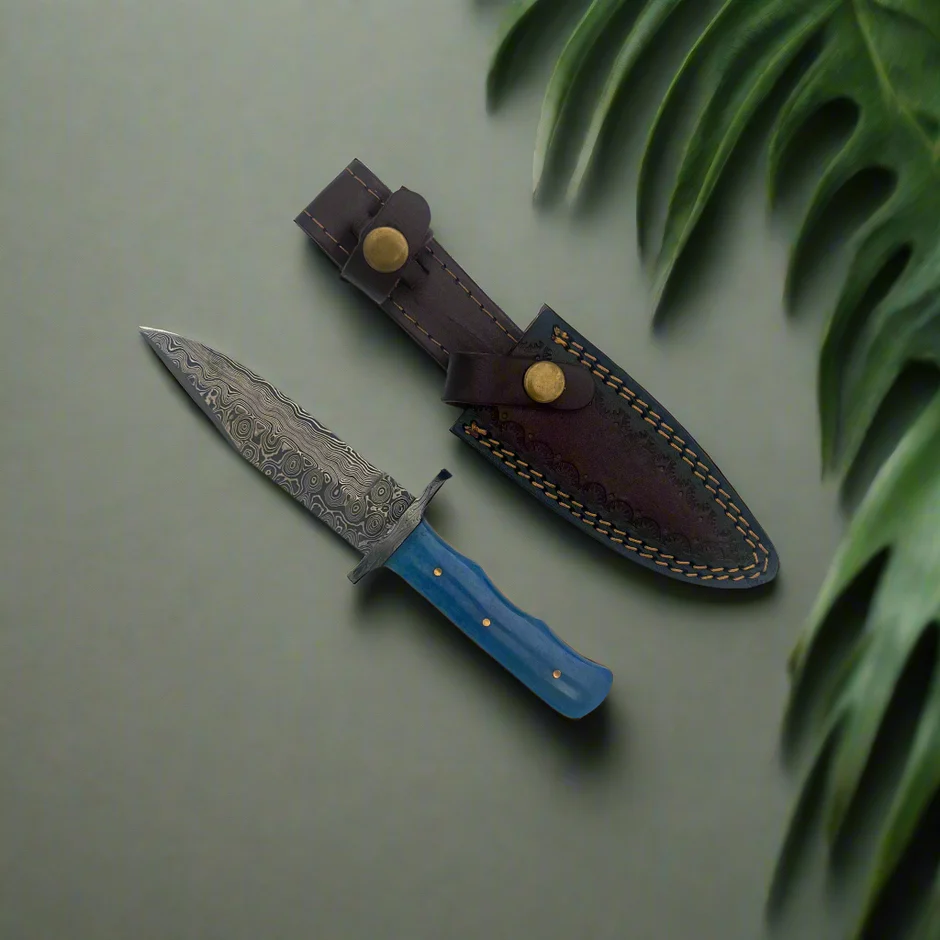 Hand-Forged Damascus Fixed Blade Outdoor Utility Knife – Blue Resin Handle with Leather Sheath