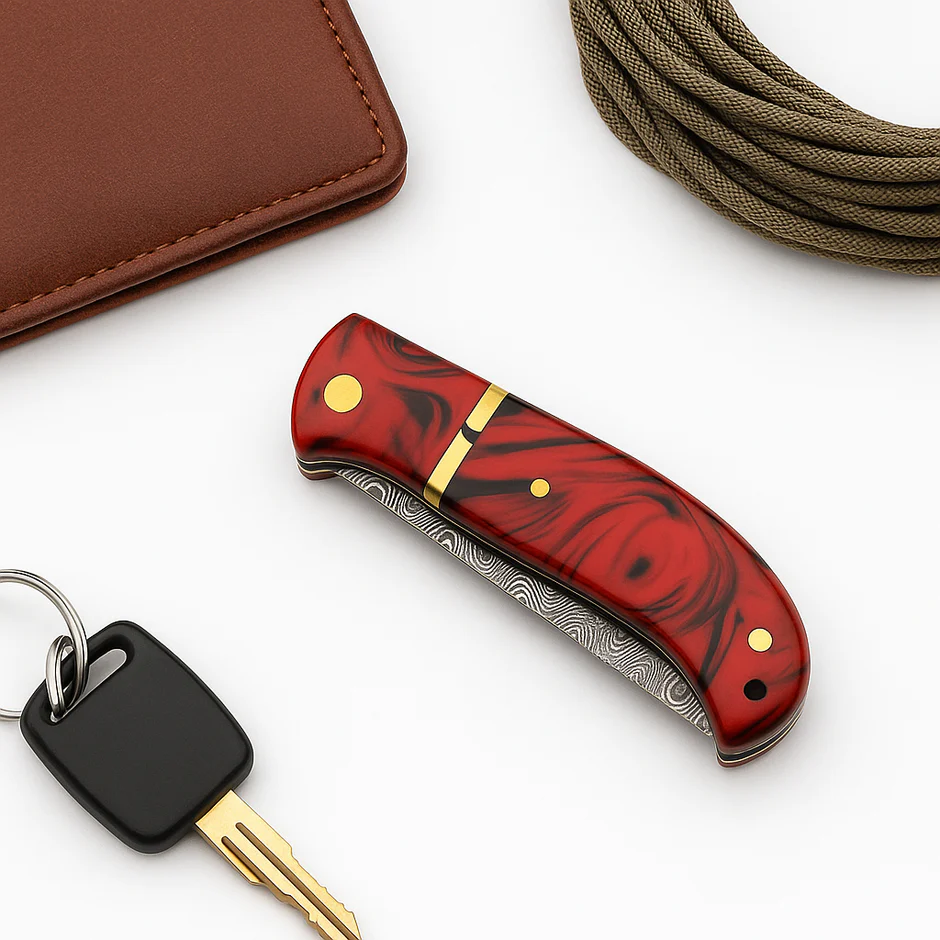 Handmade Damascus Folding Pocket Knife – Red Resin Handle & Leather Sheath