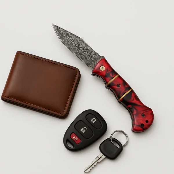 Handmade Damascus Folding Pocket Knife – Red Resin Handle & Leather Sheath - Image 2