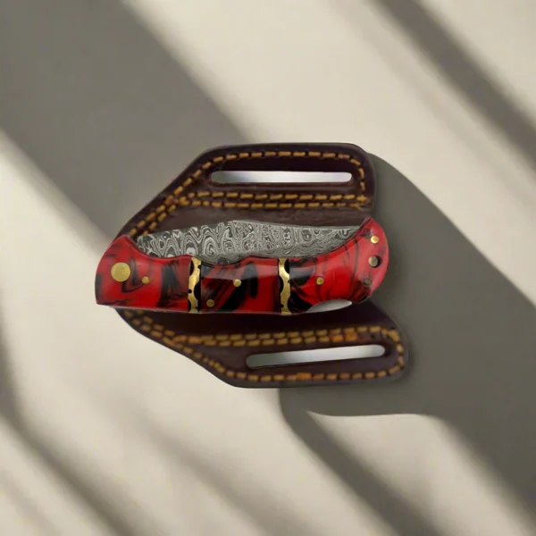 Handmade Damascus Folding Pocket Knife – Red Resin Handle & Leather Sheath - Image 3