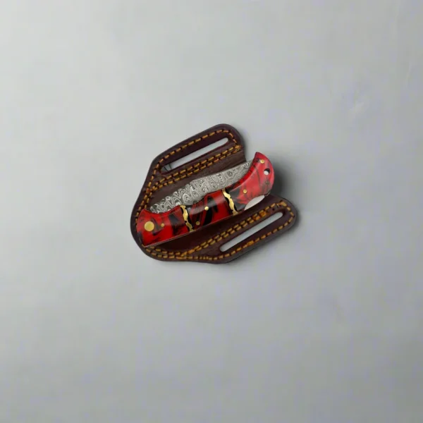 Handmade Damascus Folding Pocket Knife – Red Resin Handle & Leather Sheath - Image 4