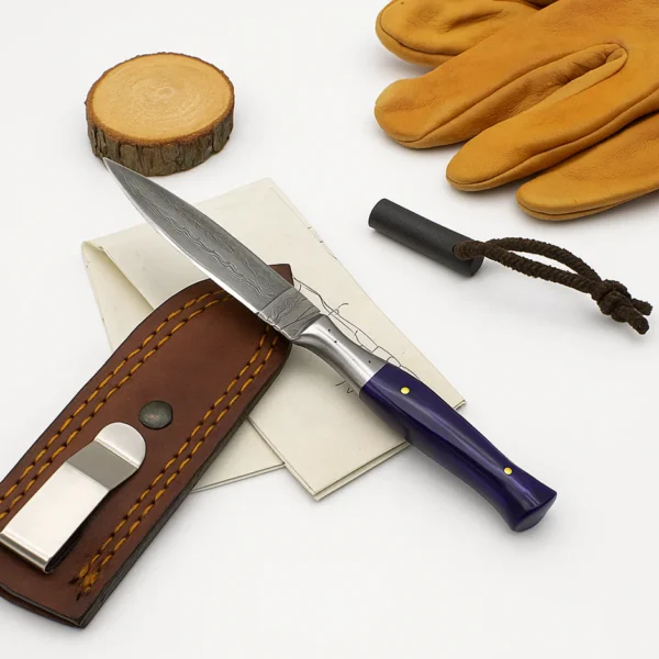 Damascus Steel EDC & Spear Point Knife – Purple Resin Handle with Leather Sheath - Image 2