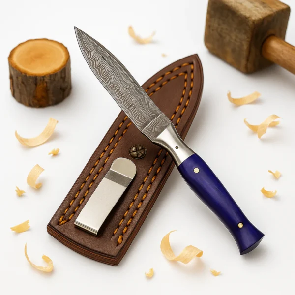 Damascus Steel EDC & Spear Point Knife – Purple Resin Handle with Leather Sheath